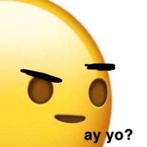 Emoji with drawn-on raised eyebrows side-eyeing suspiciously, captioned 'ay yo?'