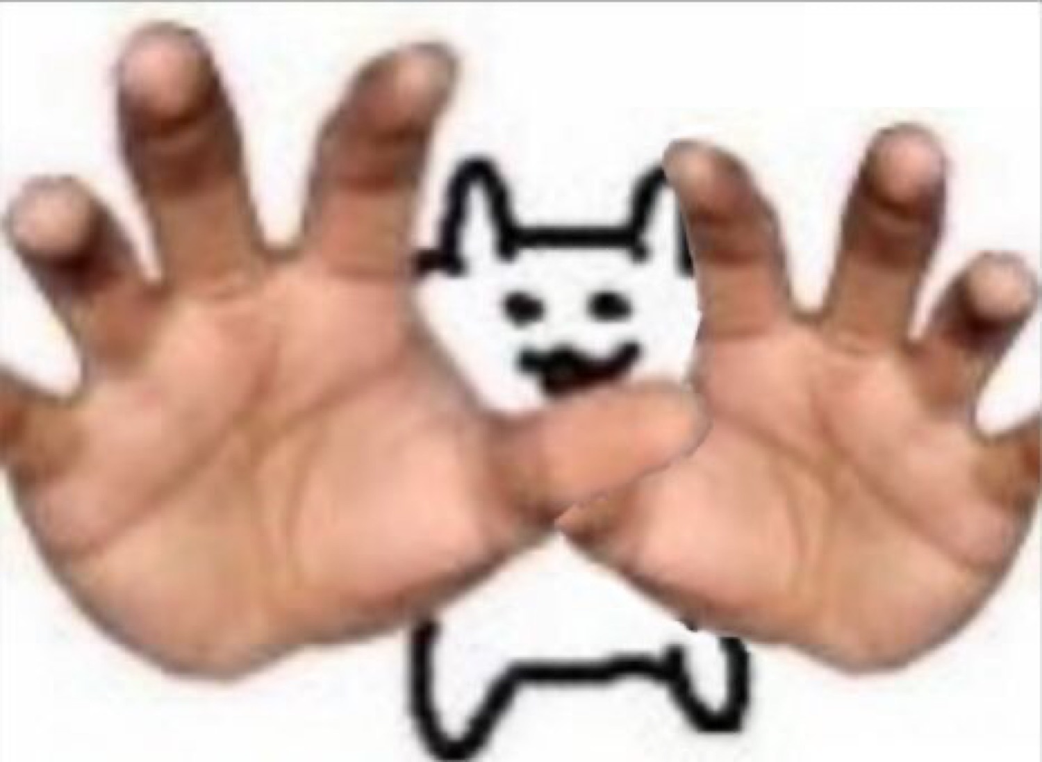 Doodle cat with giant realistic human hands spread wide