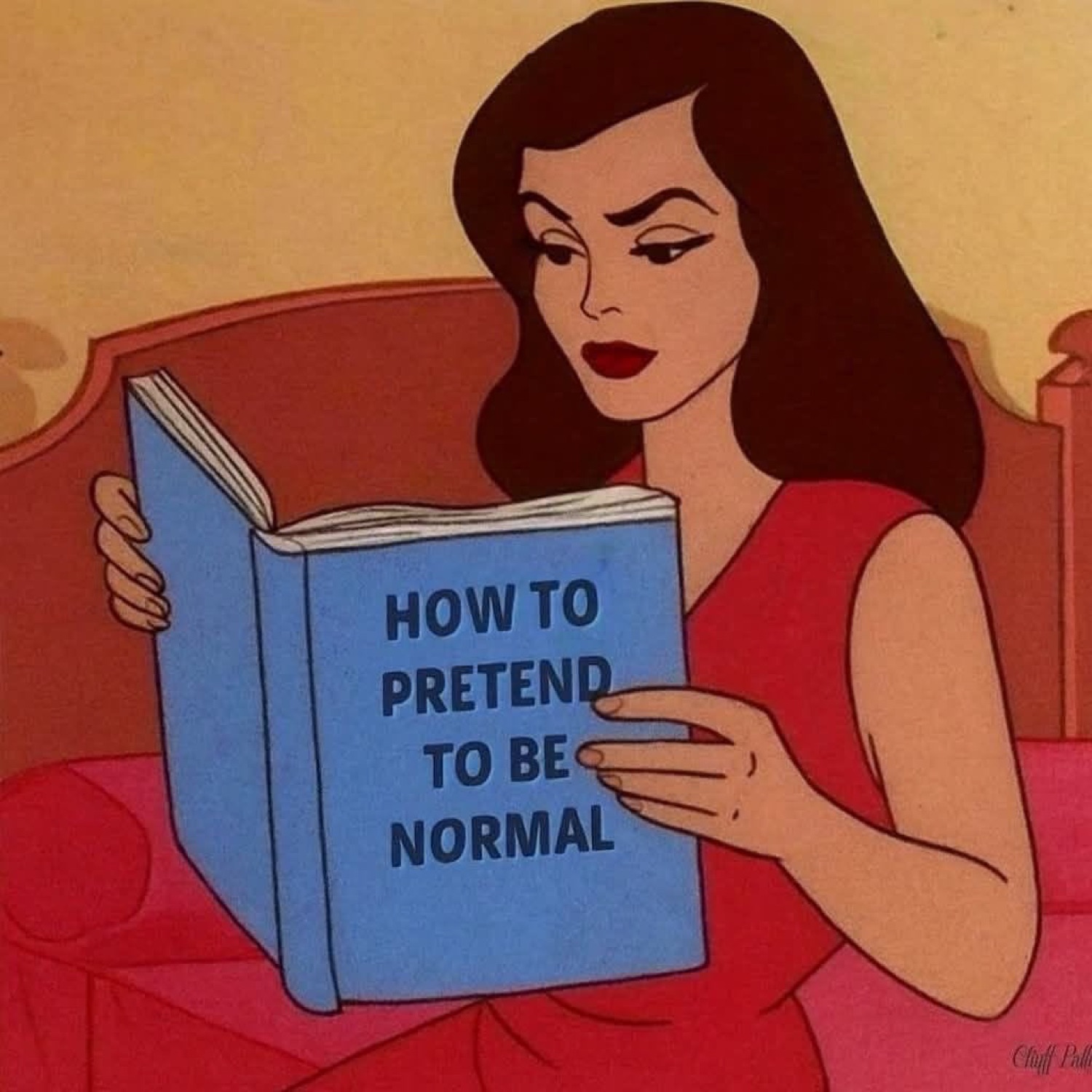 Retro cartoon woman reading 'HOW TO PRETEND TO BE NORMAL'