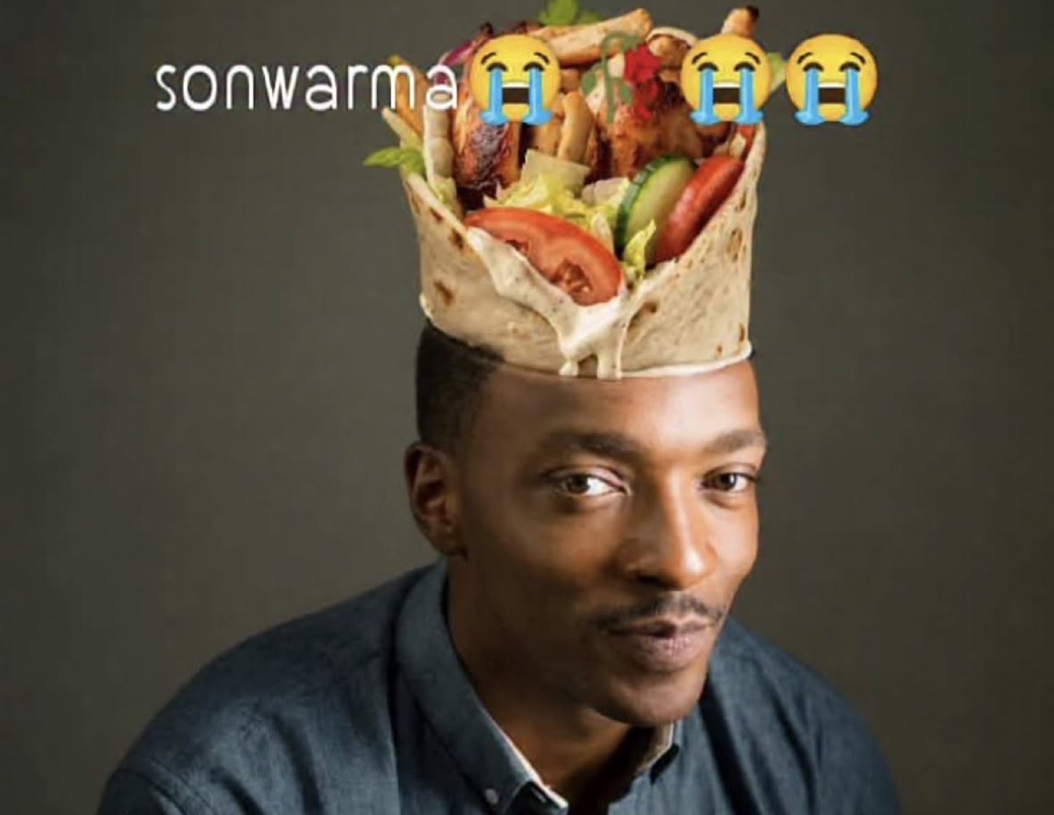 Man with a shawarma wrap photoshopped onto his head, captioned 'sonwarma'