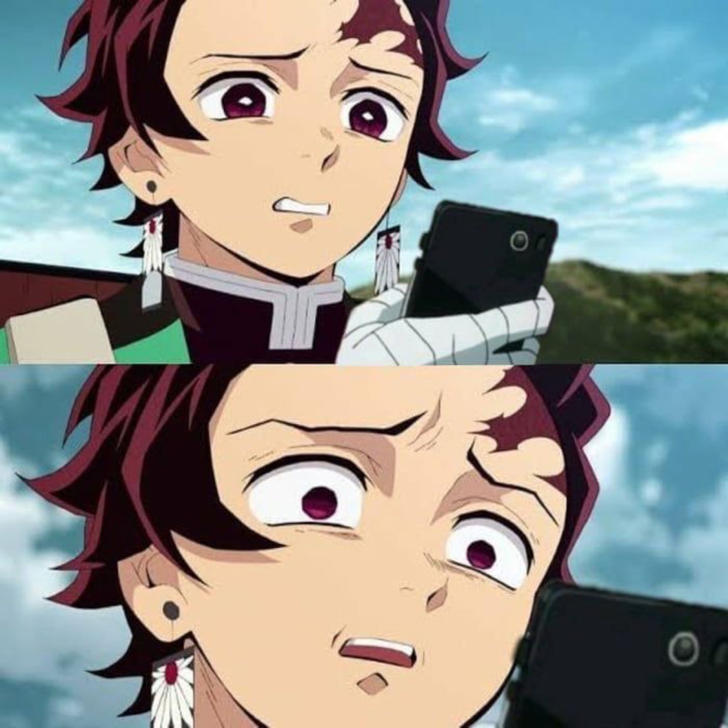 Anime boy looking at his phone, calm then suddenly wide-eyed and horrified