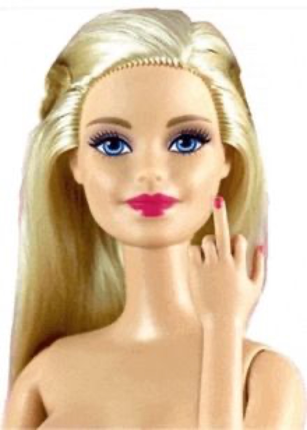 Blonde Barbie doll flipping the middle finger