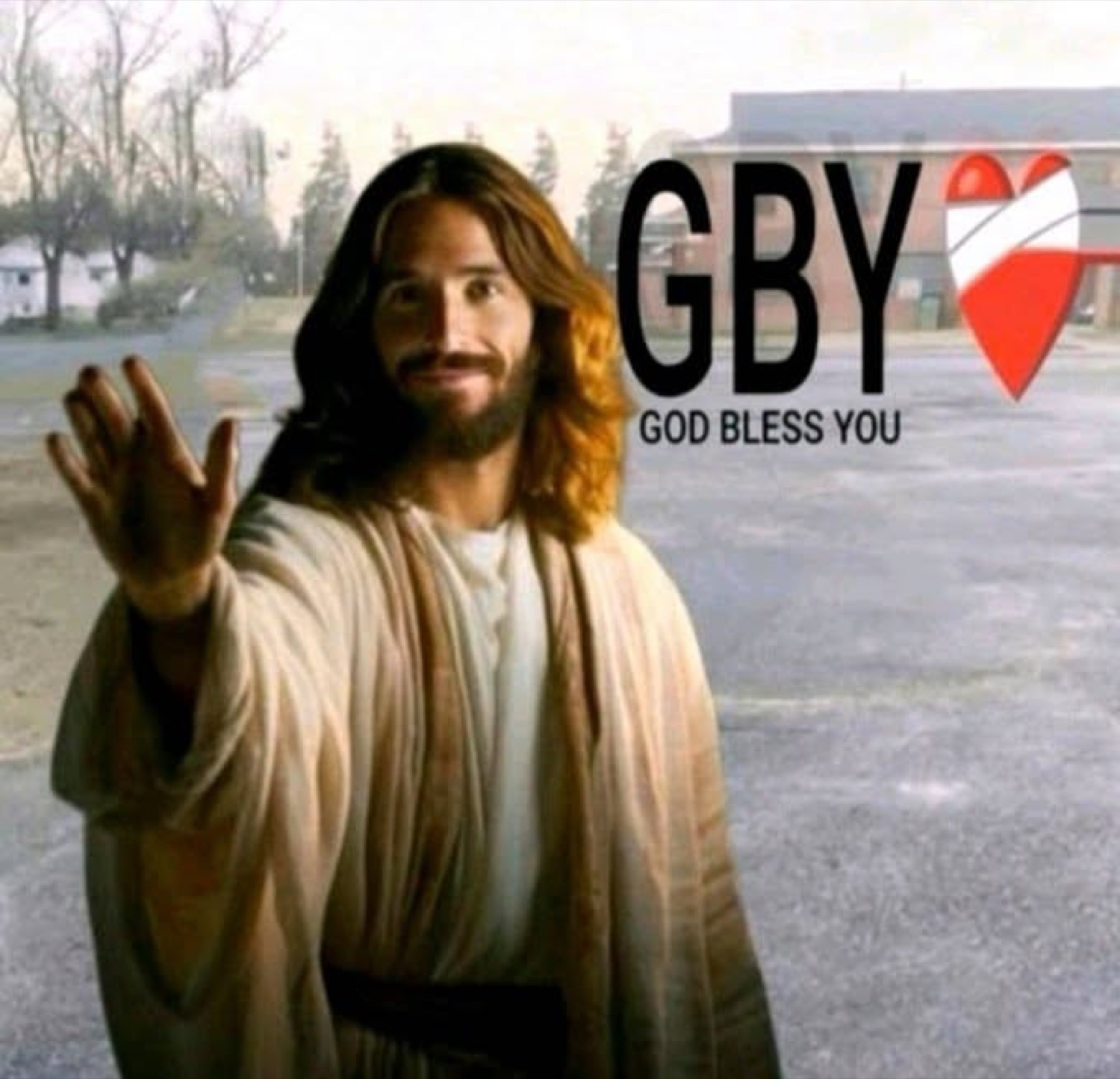 Jesus waving with a smile: 'GBY / GOD BLESS YOU'