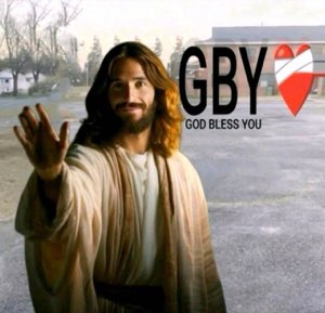 Jesus waving with a smile: 'GBY / GOD BLESS YOU'