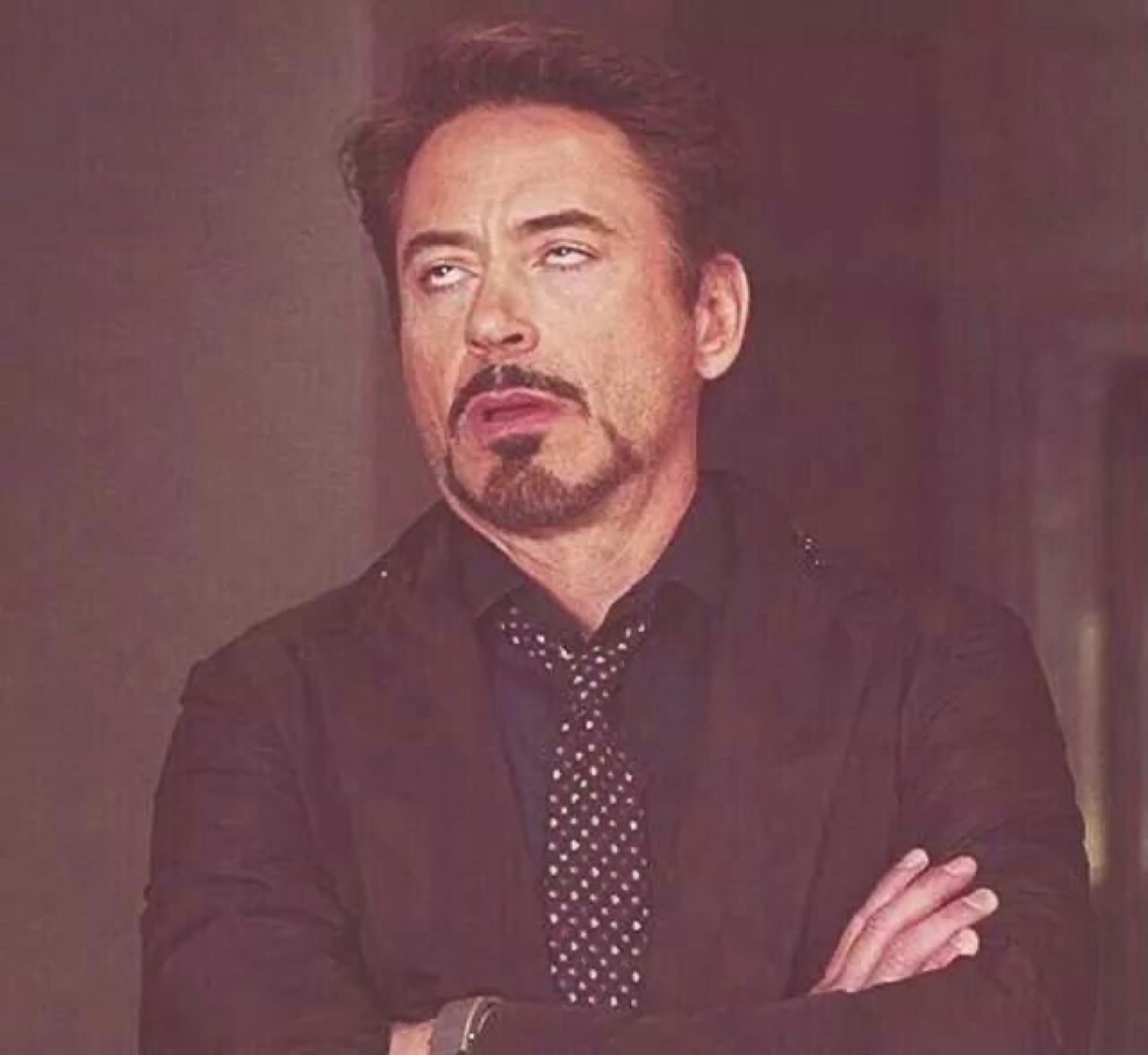 Robert Downey Jr. with arms crossed rolling his eyes in classic disdain