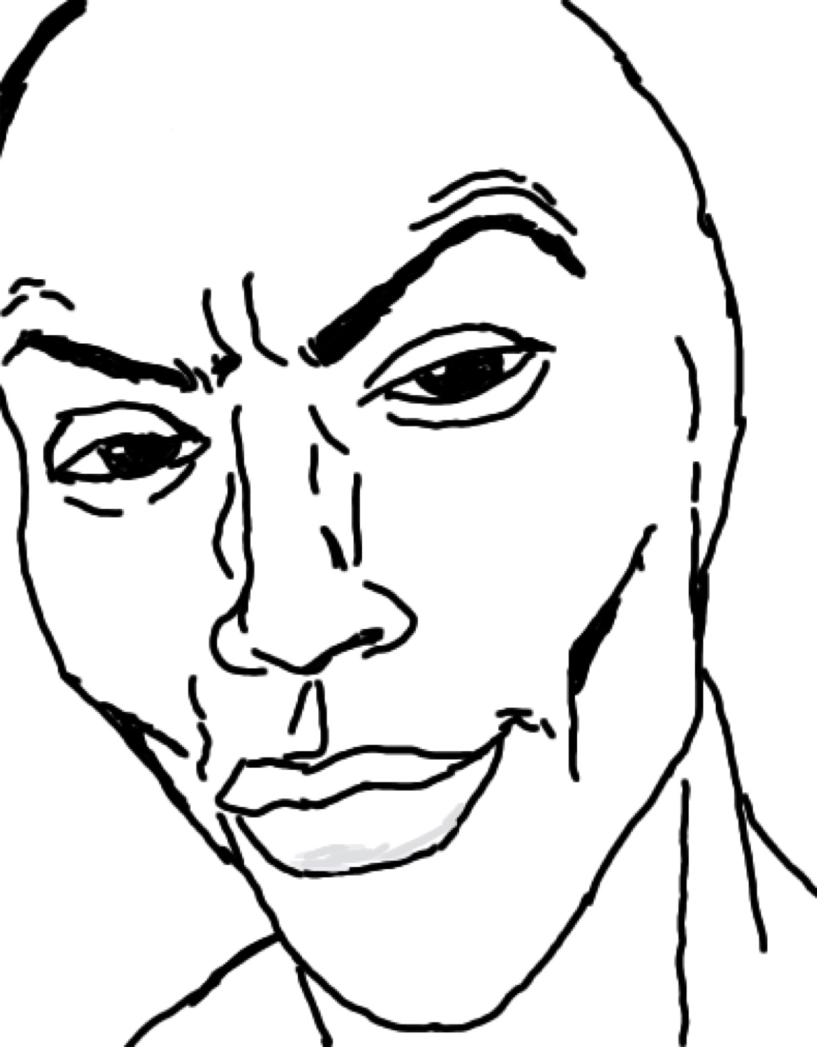 Line drawing of a smug face with raised brows