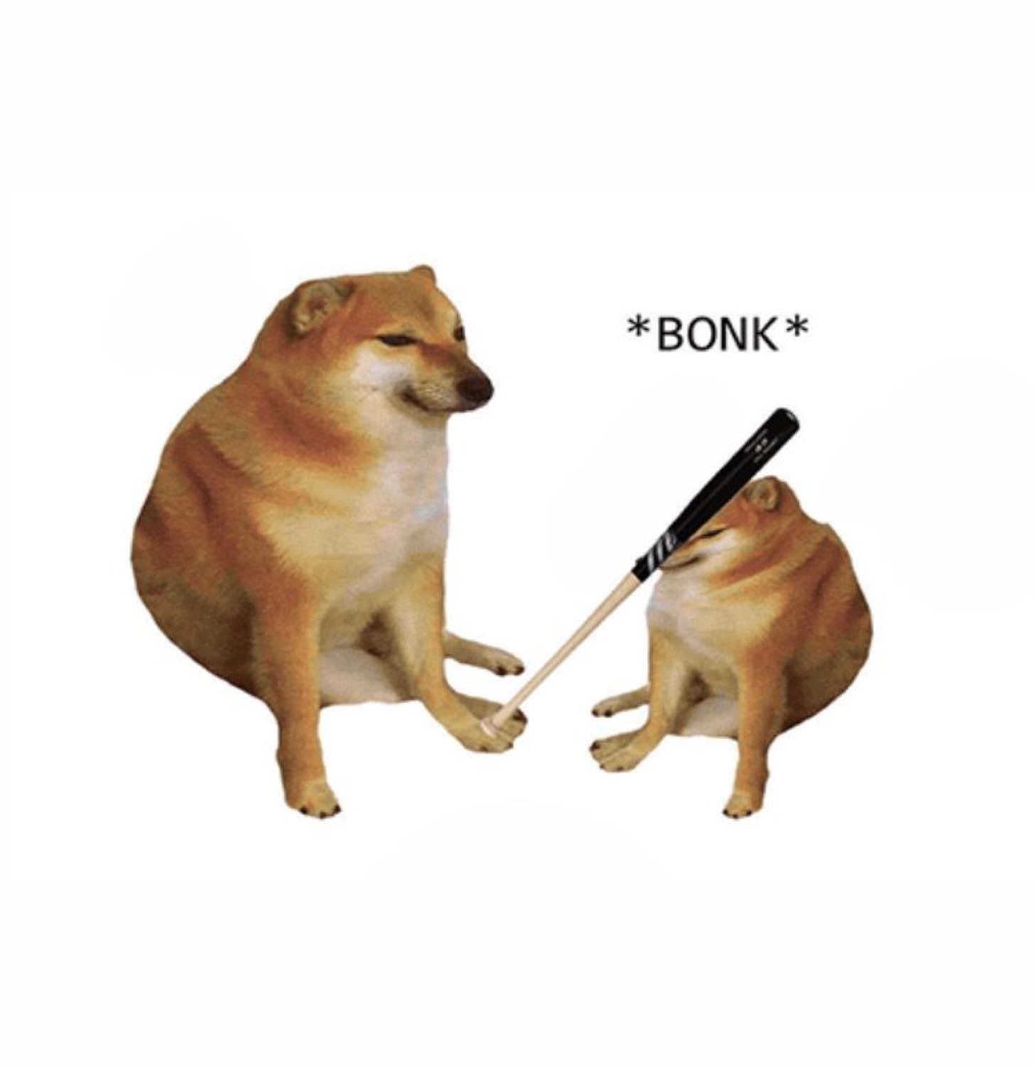 Cheems doge bonking a smaller cheems with a baseball bat: '*BONK*'