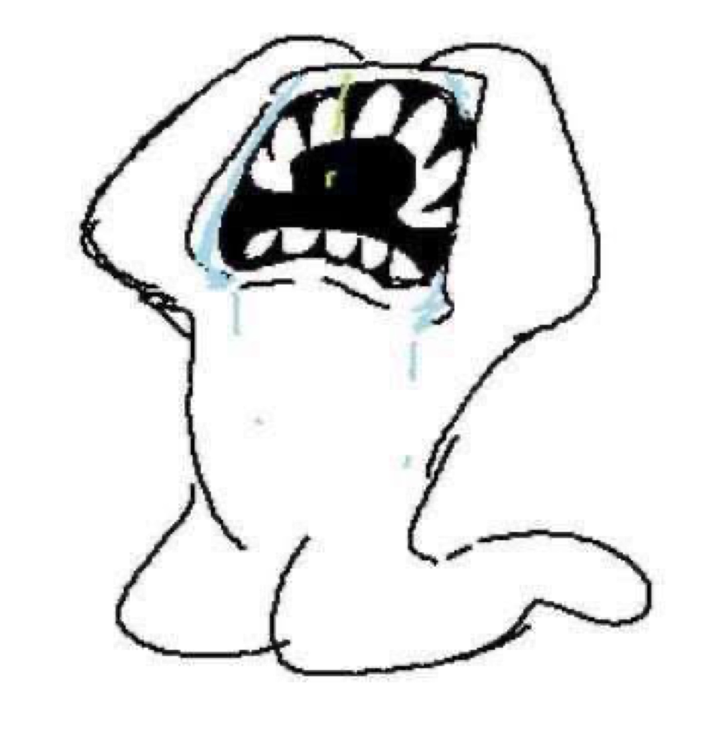 Crude cartoon blob sobbing with a wide-open mouth and streaming tears