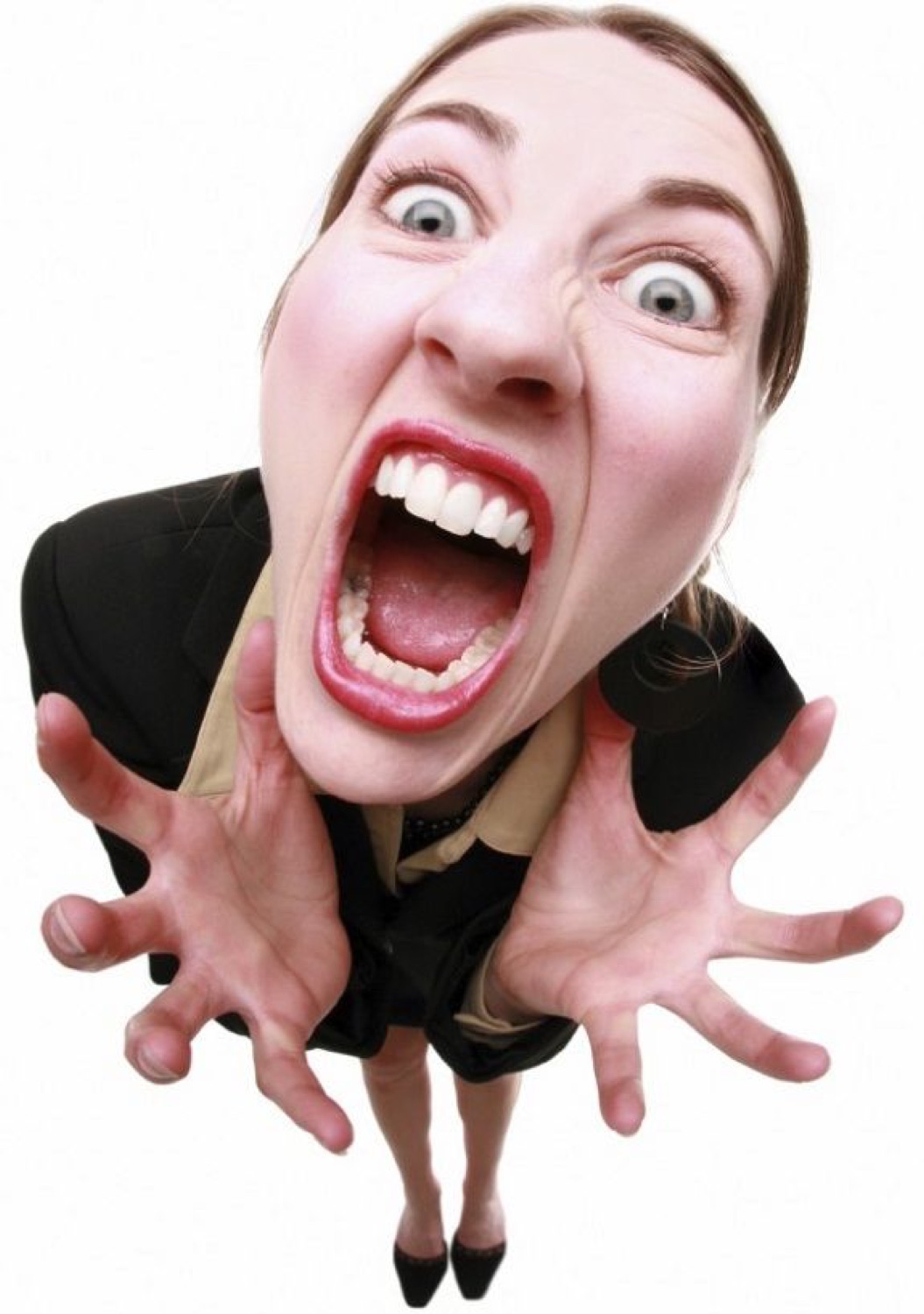 Woman in a black blazer screaming at full volume with arms outstretched, shot from a fish-eye angle