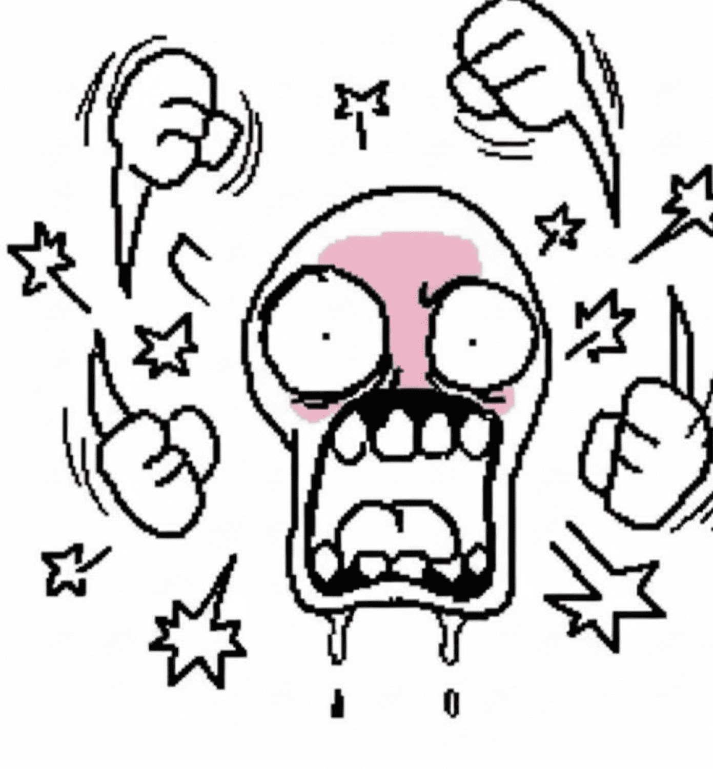 Cartoon skull face shrieking with fists flying in every direction