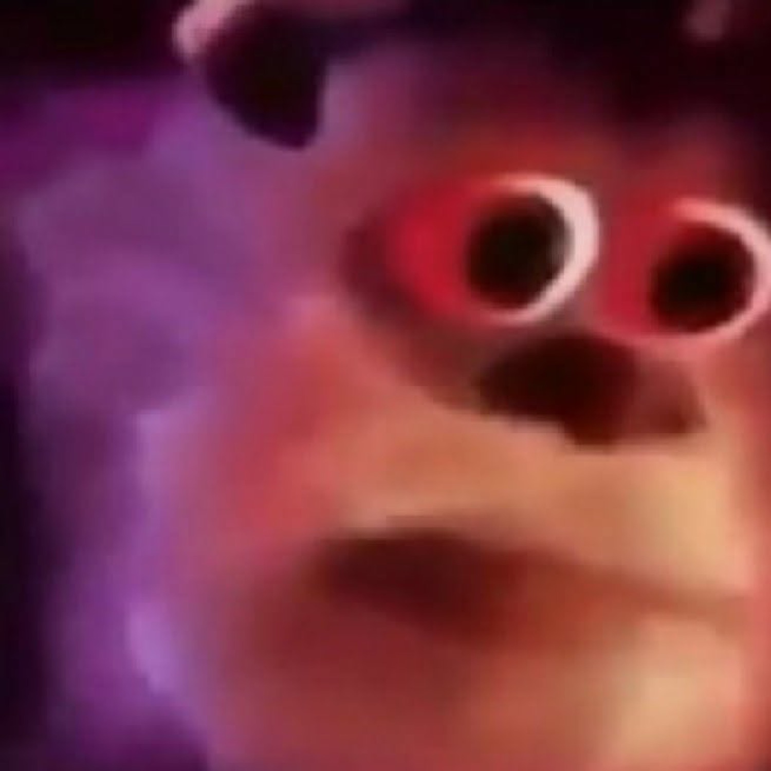 Blurry cursed close-up of Sulley with wide red-rimmed eyes in a purple haze