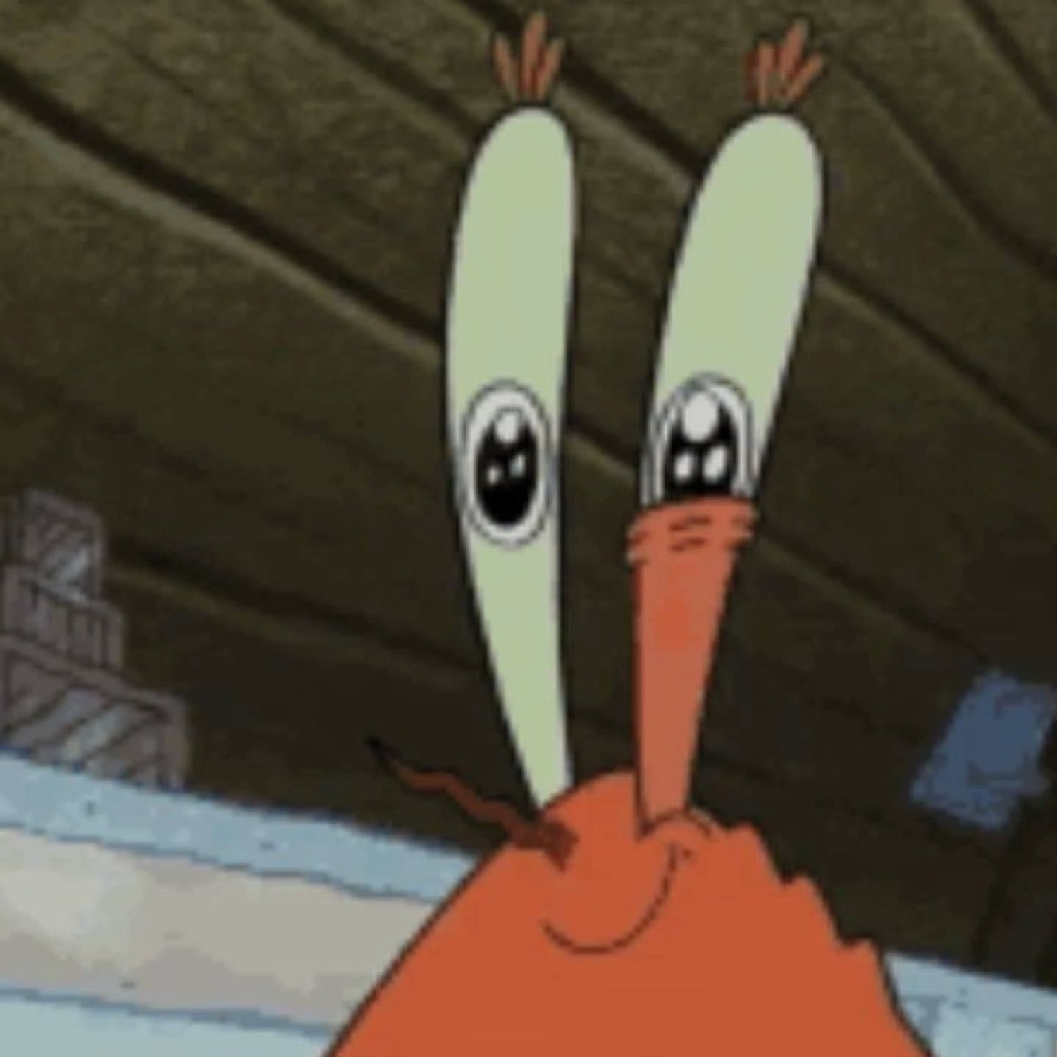 Mr. Krabs from SpongeBob with his eyes stretched apart, looking dazed and confused