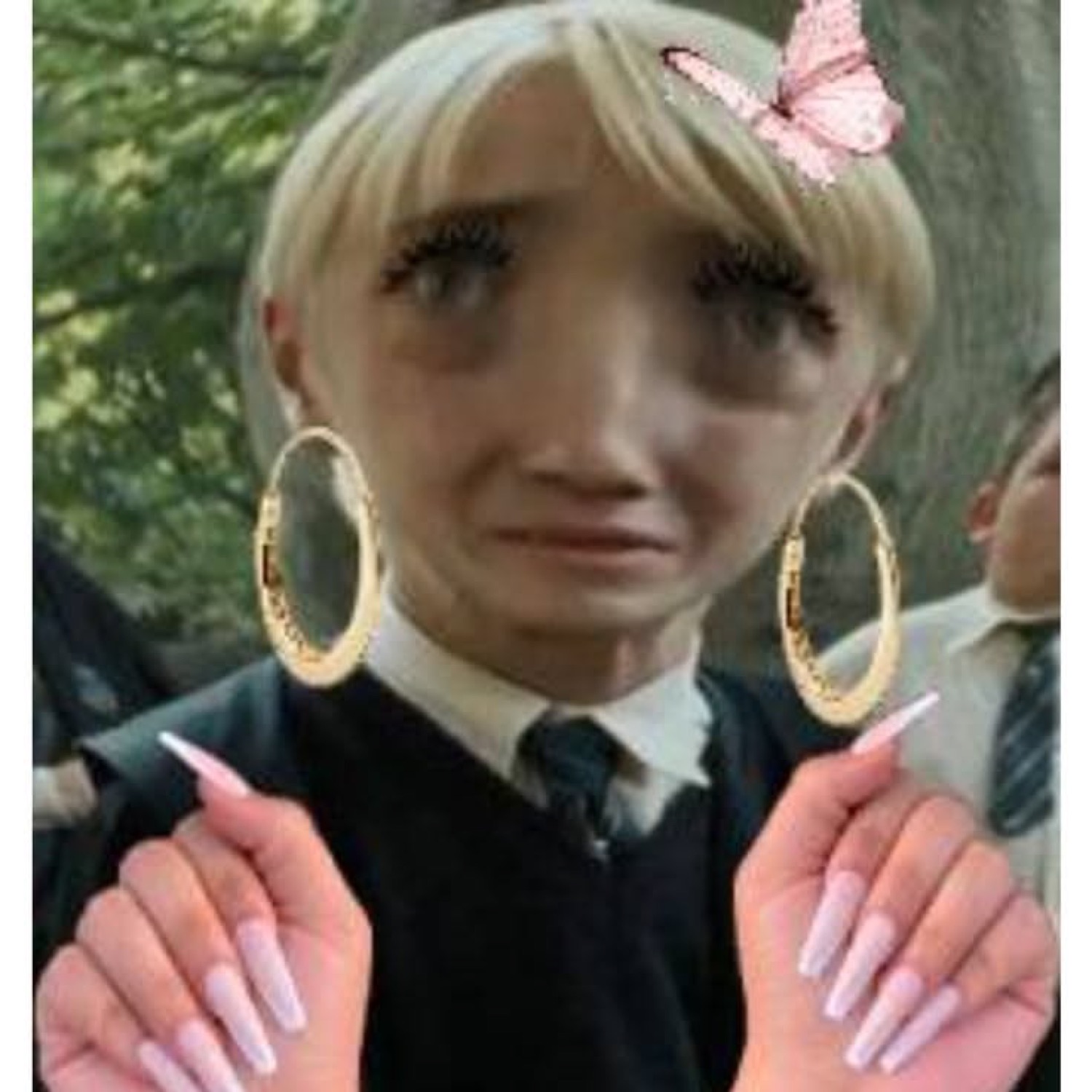 Malfoid, Draco Malfoy edited with lashes, hoop earrings, long nails and a butterfly clip, pouting
