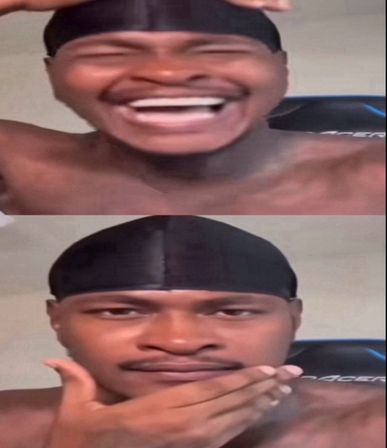 Man in a durag laughing wide then resting his chin coyly on his hand
