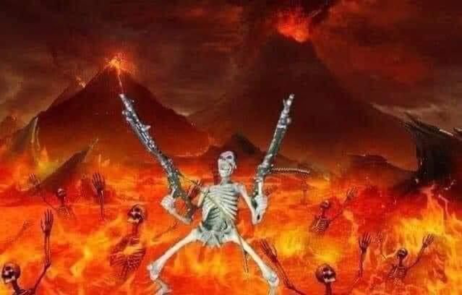 Skeleton dual-wielding guns triumphantly in a fiery hellscape surrounded by burning skeletons