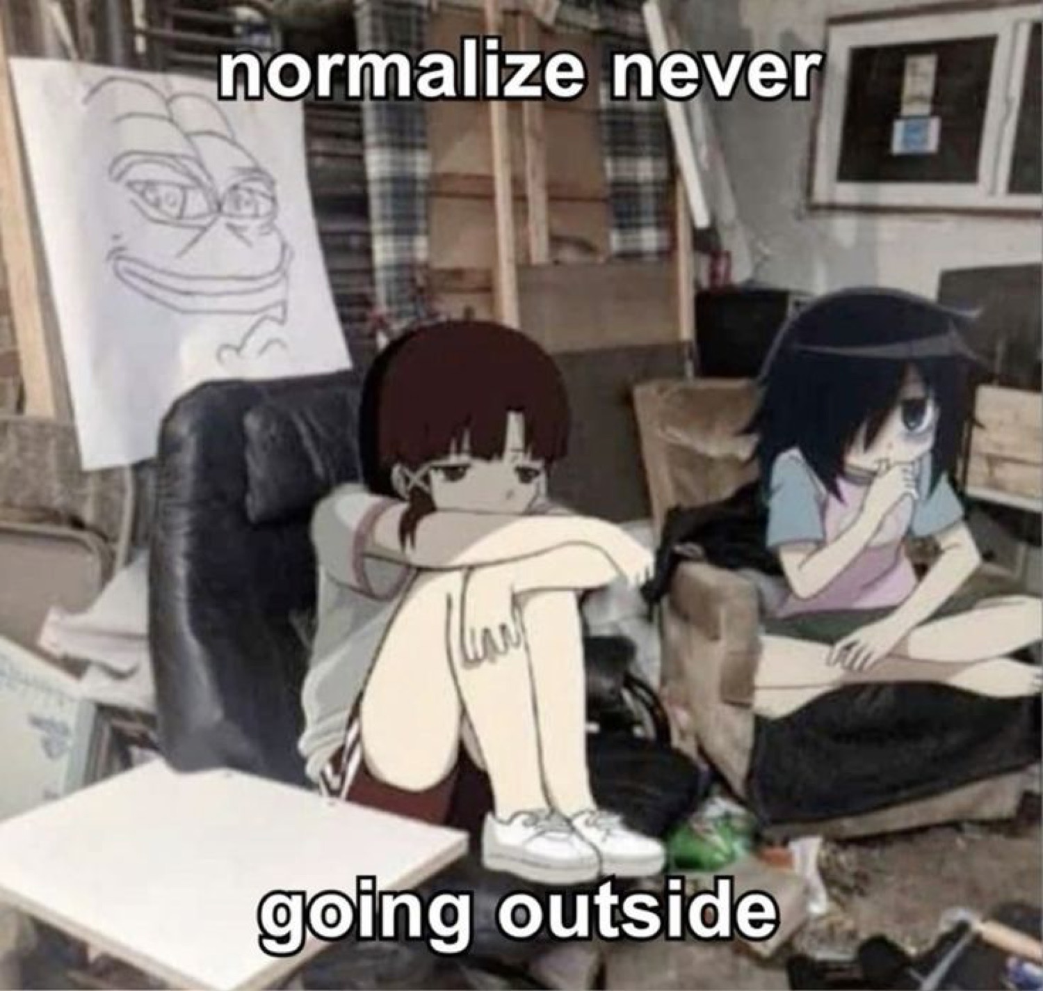 Lain and Tomoko sitting in a messy room under 'normalize never going outside'