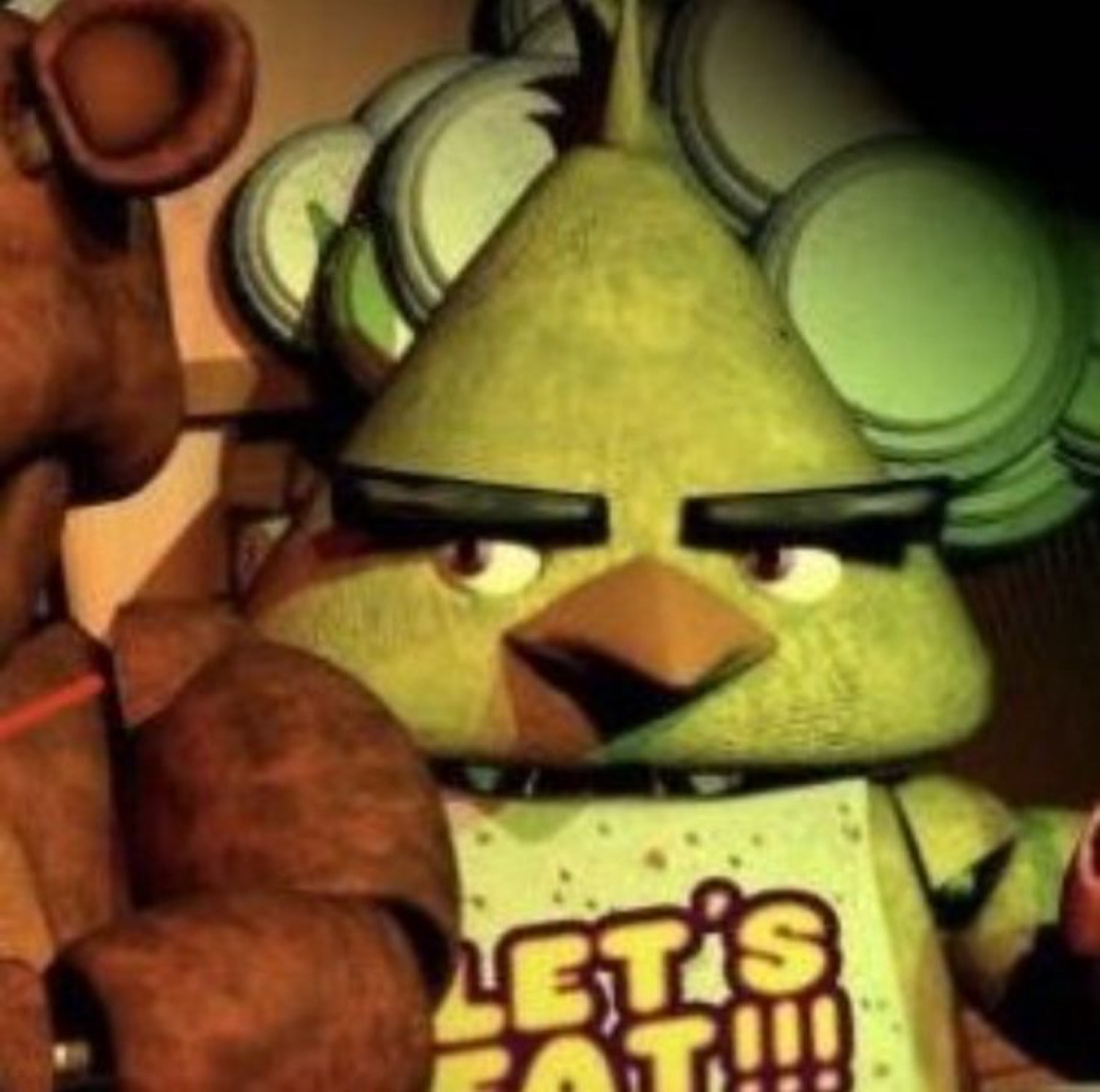 Grungy animatronic chicken character glaring hard with a 'LET'S EAT!!!' bib