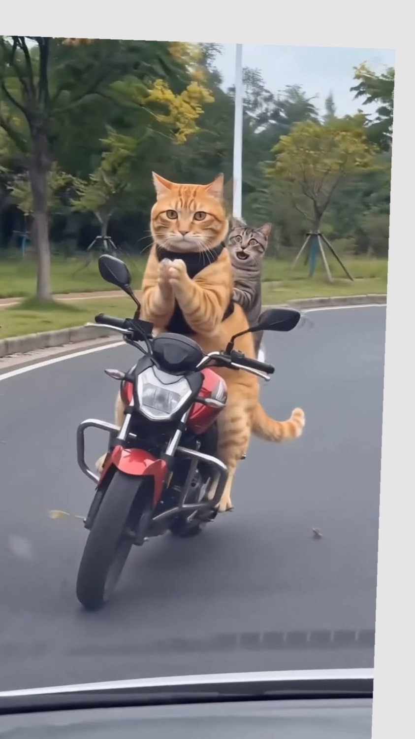 Cat riding on the back of a motorcycle down the street