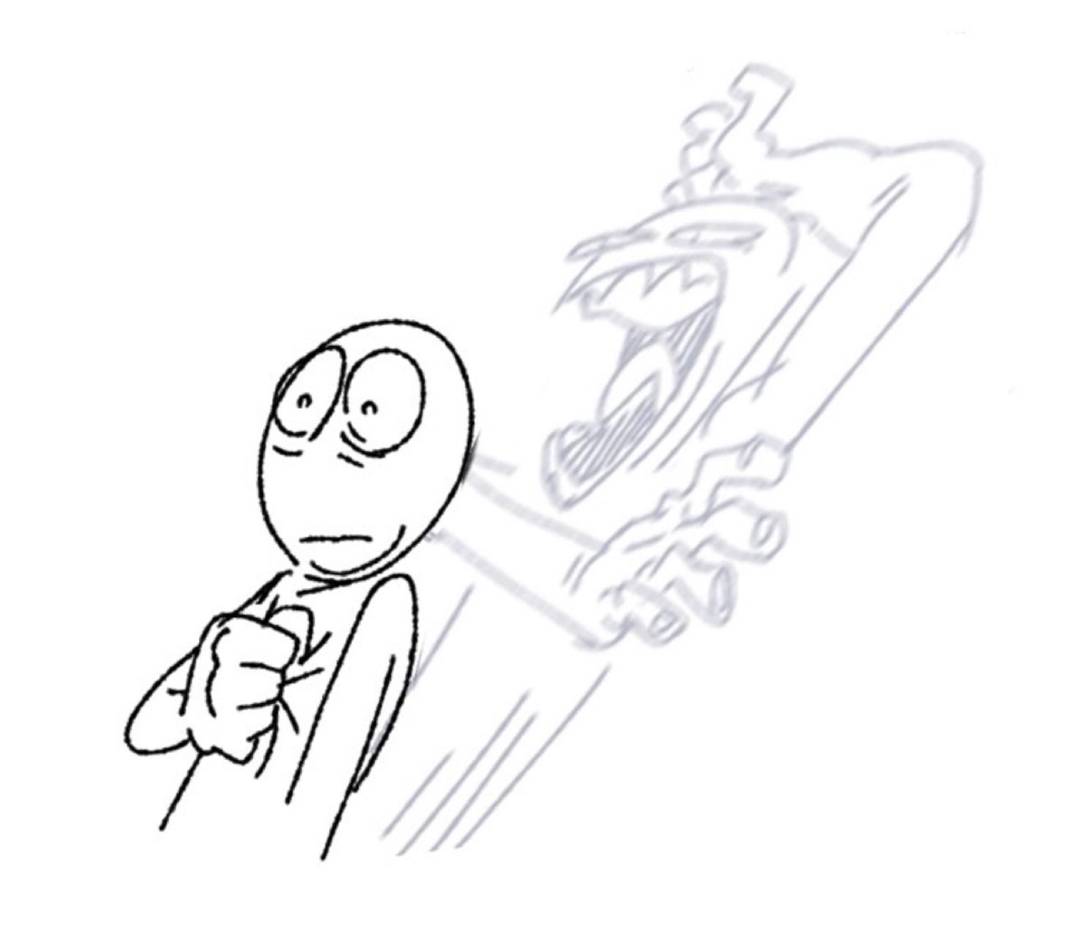 Simple line-drawing of a worried stick figure with a screaming monster looming behind him