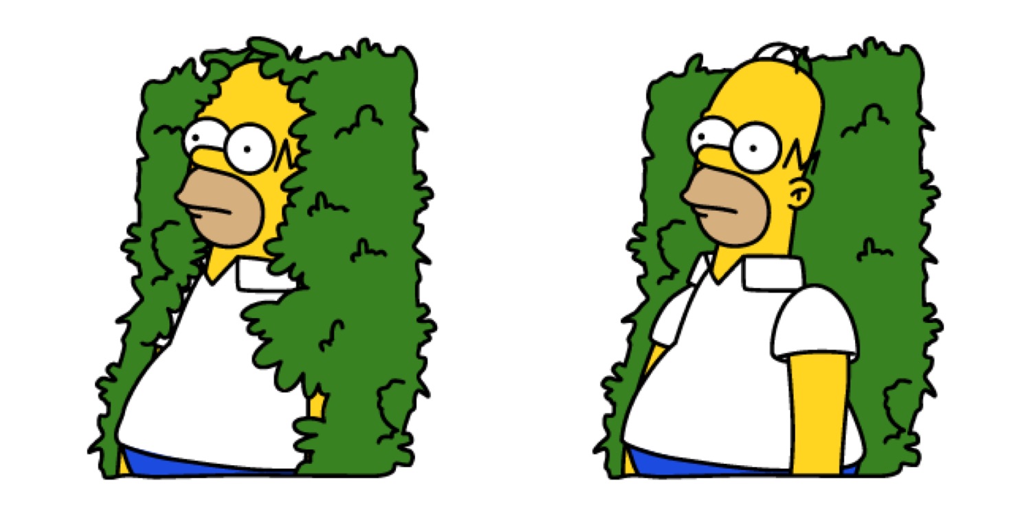 Two Homer Simpson stickers half-swallowed by a hedge, mid-retreat