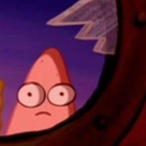 Patrick Star peeking through a porthole with a blank, confused stare