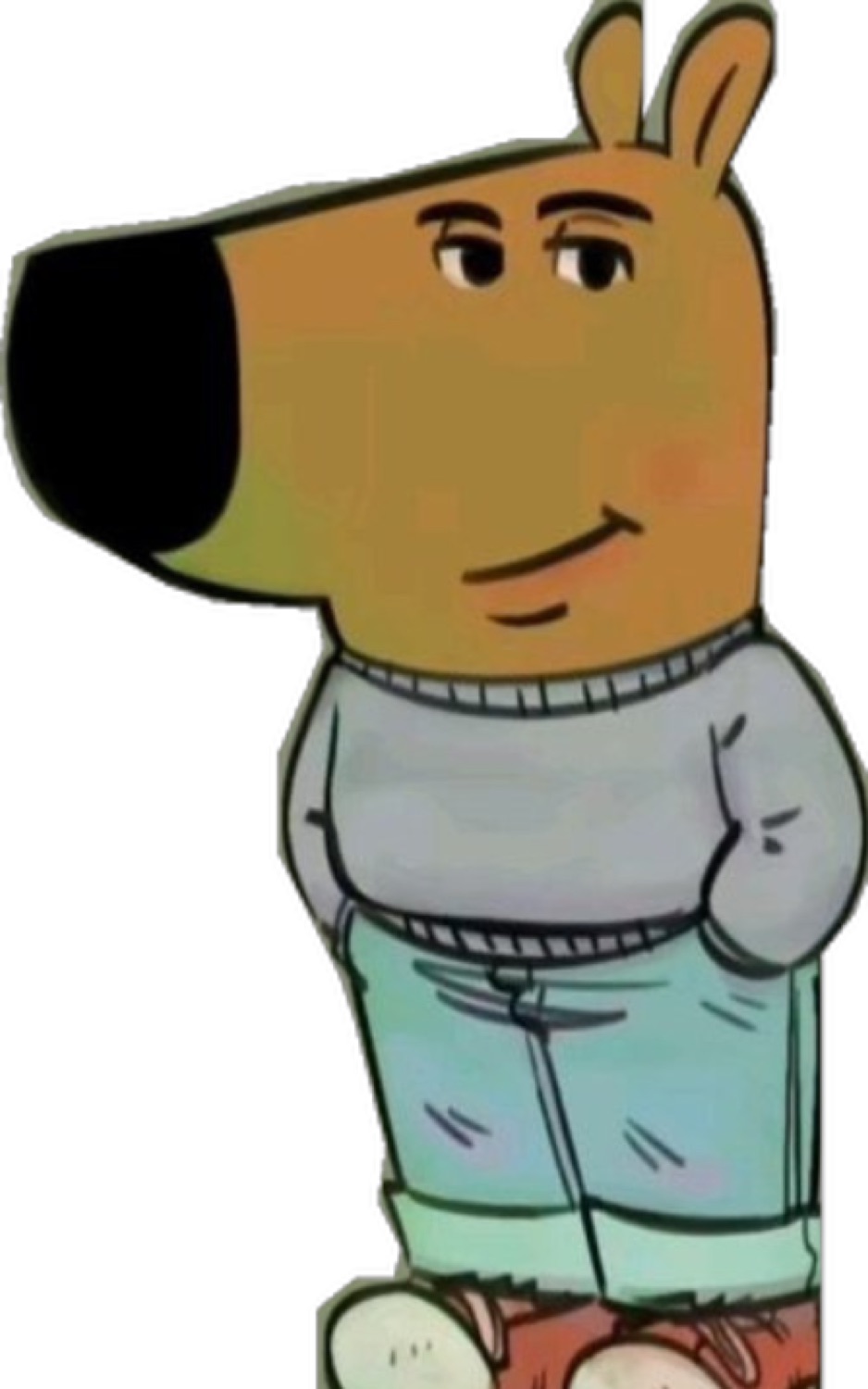 Chill Guy, the cartoon dog in a grey sweater and rolled jeans, hands in pockets with a laid-back smirk