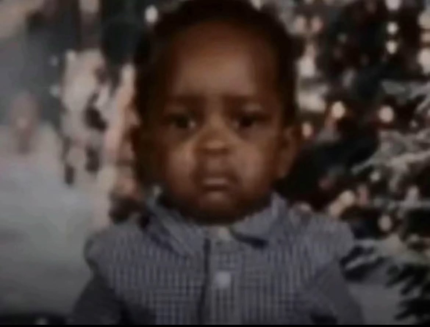 Toddler in a plaid shirt giving a flat, unamused deadpan stare at a holiday photo shoot
