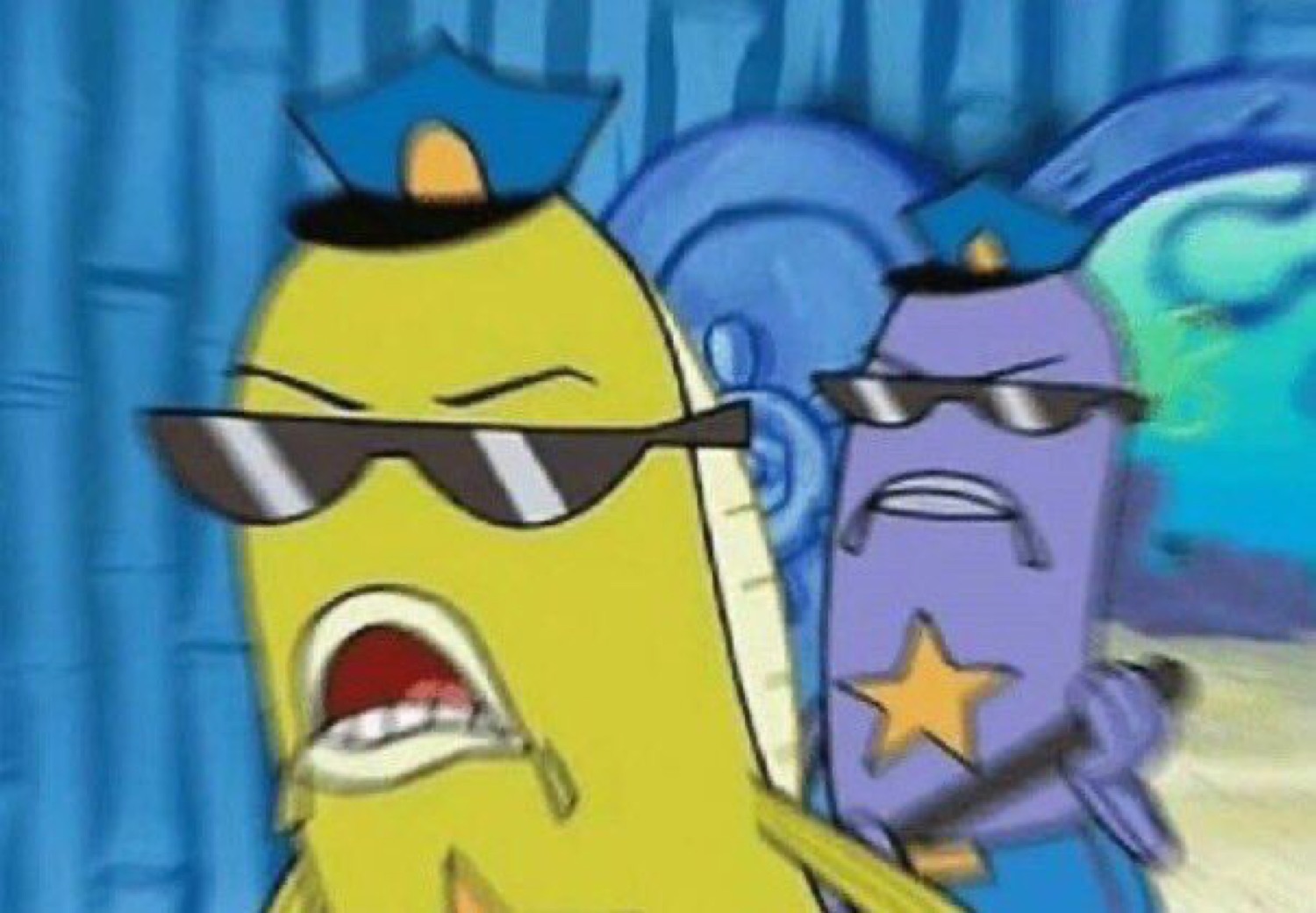 SpongeBob police fish with shades open-mouthed and strutting next to a grumpy purple cop