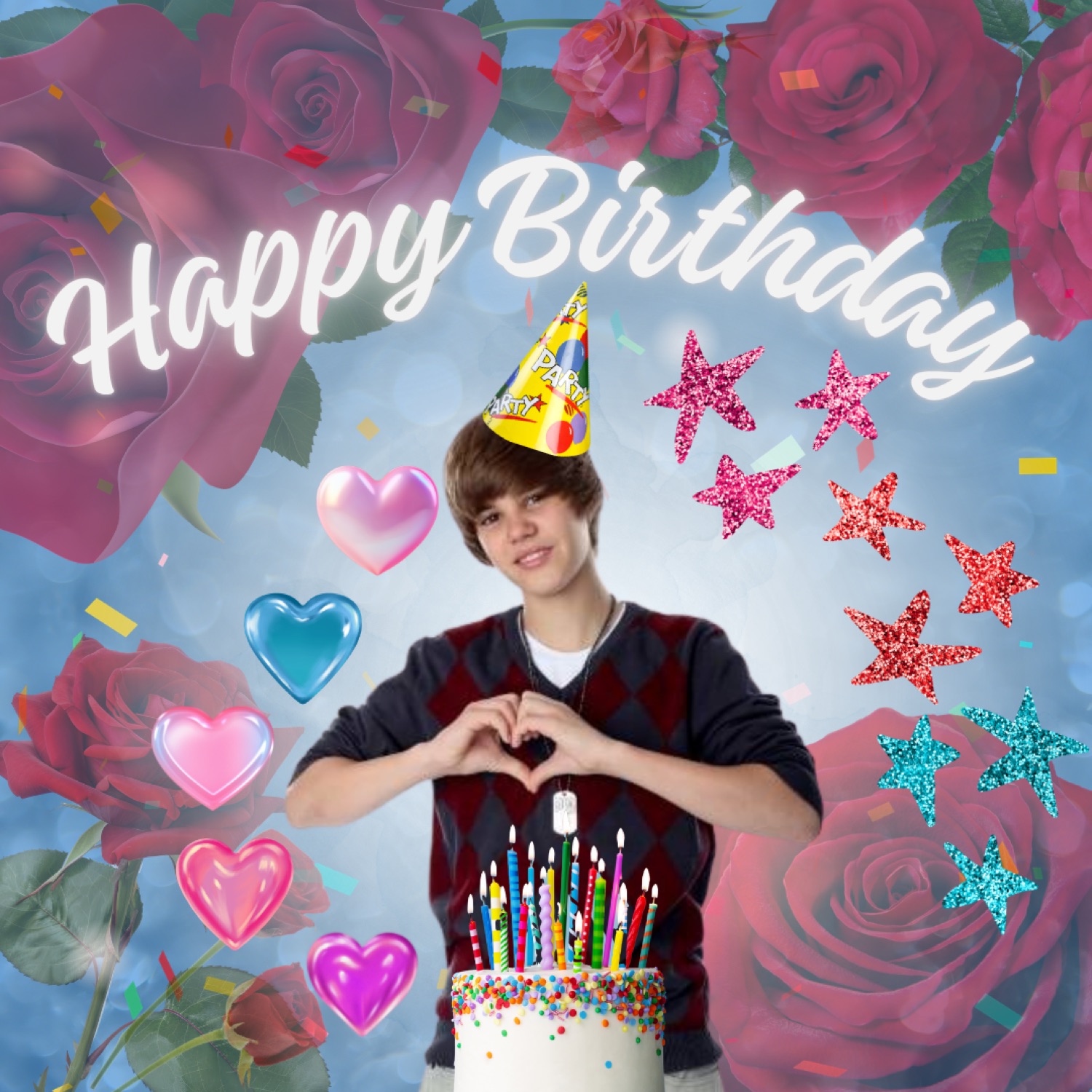 Justin Bieber making heart hands behind a birthday cake in a glittery rose collage: 'Happy Birthday'