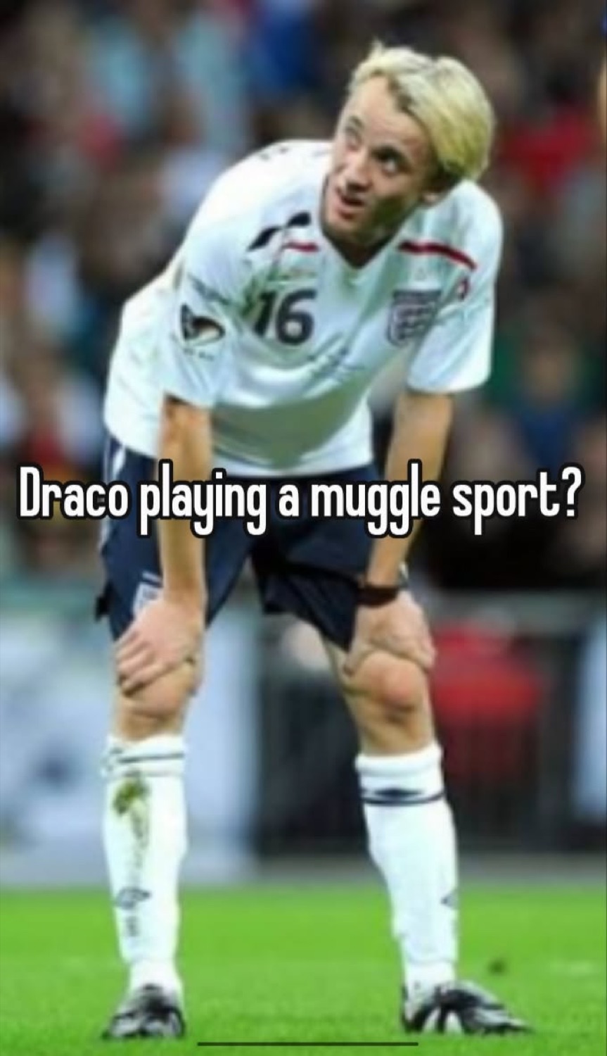 Draco Malfoy's face edited onto a footballer bent over catching his breath under 'Draco playing a muggle sport?'