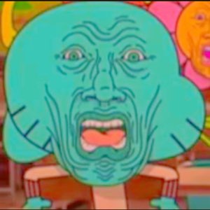 Distorted deep-fried cartoon face screaming with bulging, wrinkled features