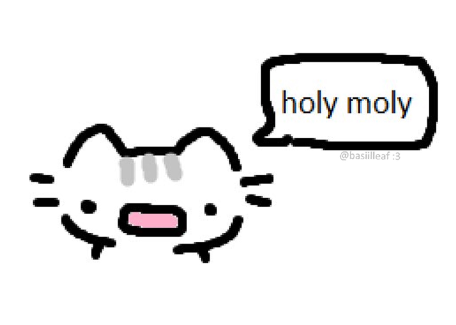 Simple doodle of a cat with an open mouth and a speech bubble saying 'holy moly'