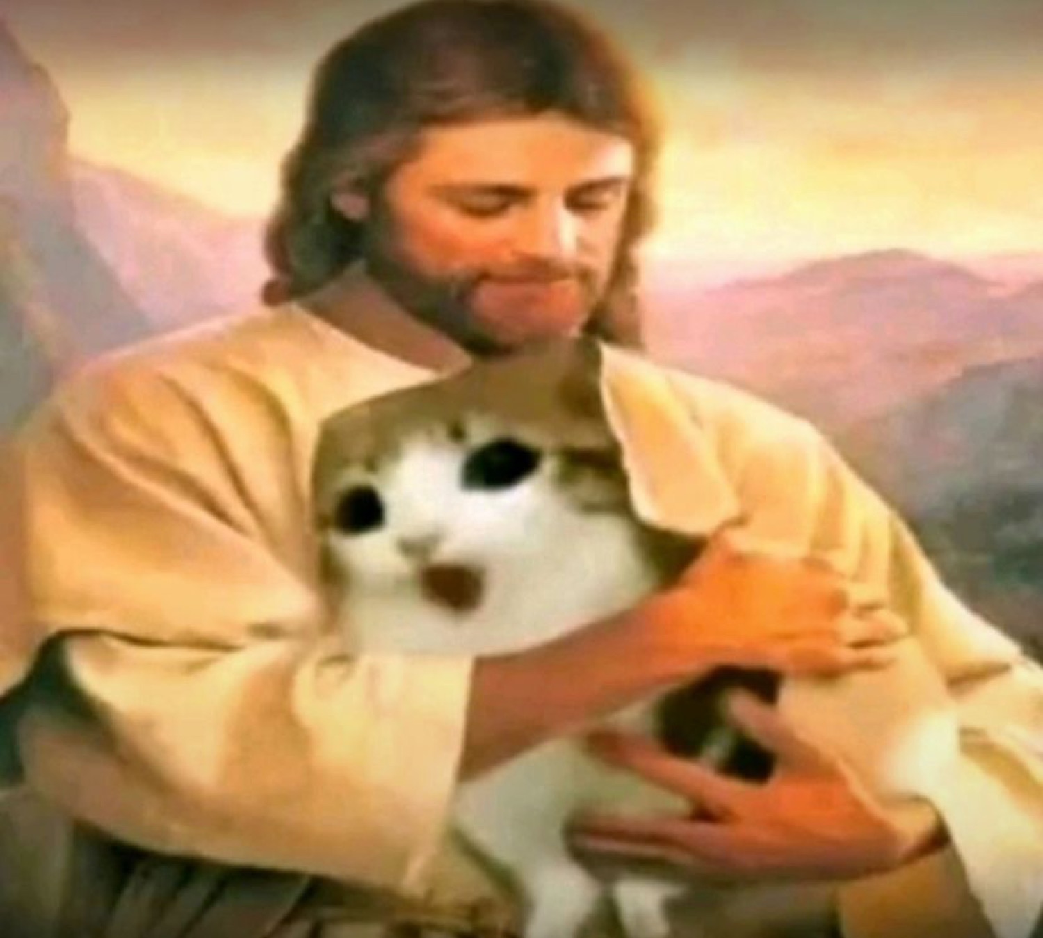 Painting of Jesus holding a screaming cat