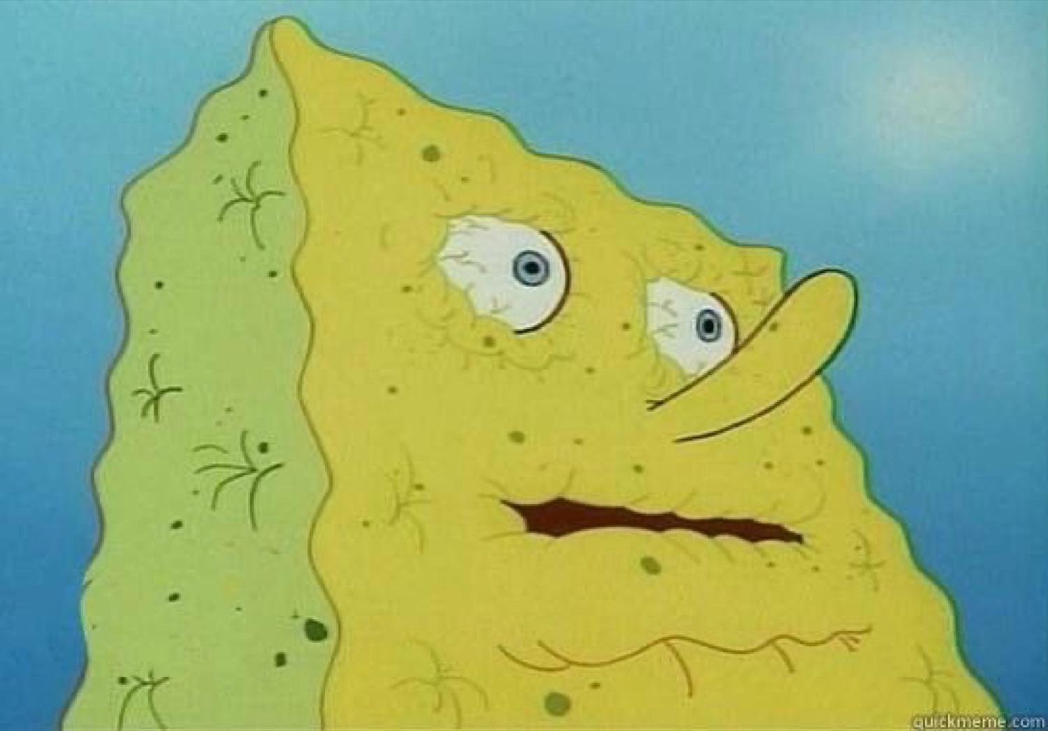 Dried-out SpongeBob, shriveled and parched with a blank stare