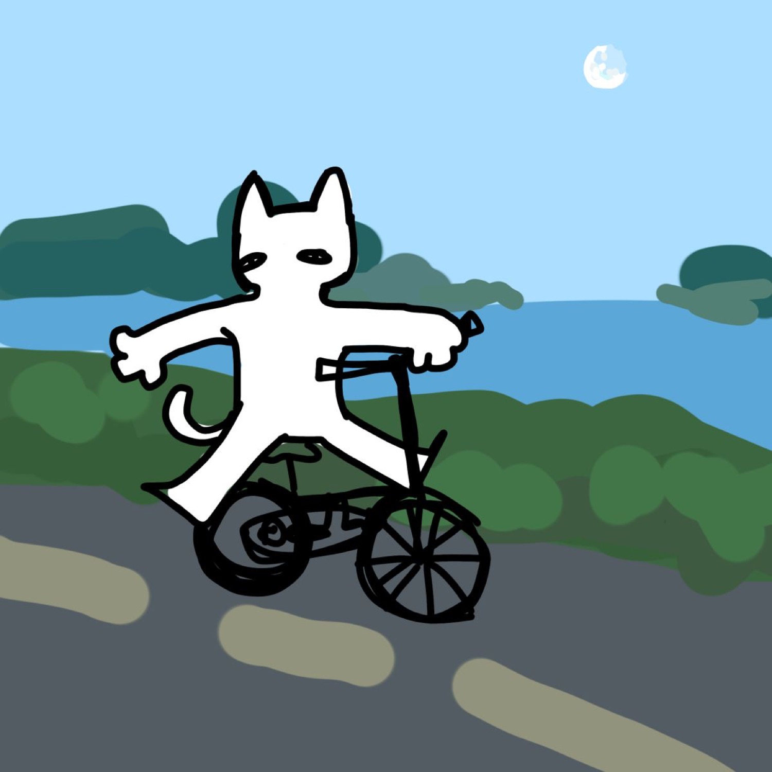 Cartoon white cat riding a bike by the sea