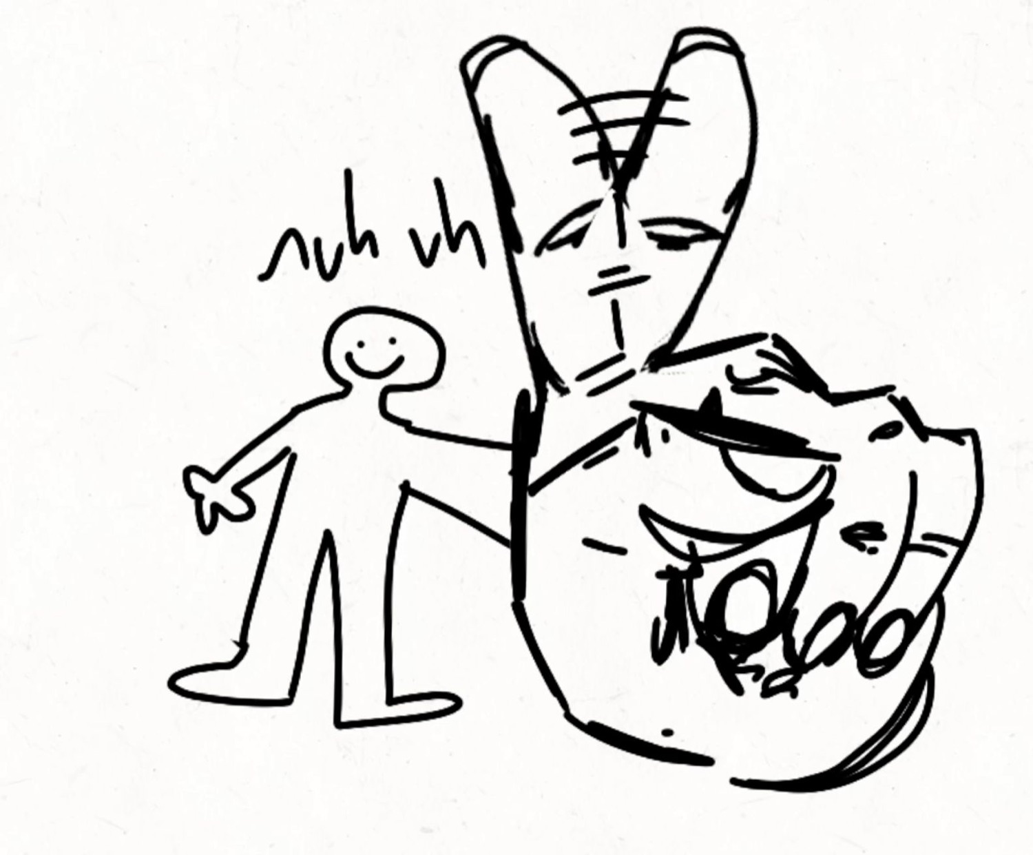 Stick figure next to a giant smug peace-sign hand saying 'nuh uh'