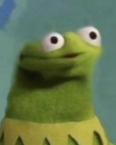 Kermit-style puppet with googly eyes giving a stiff, awkward blank stare
