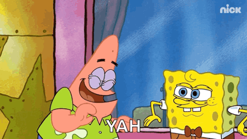 Patrick and SpongeBob jumping for a high five, "Yah"