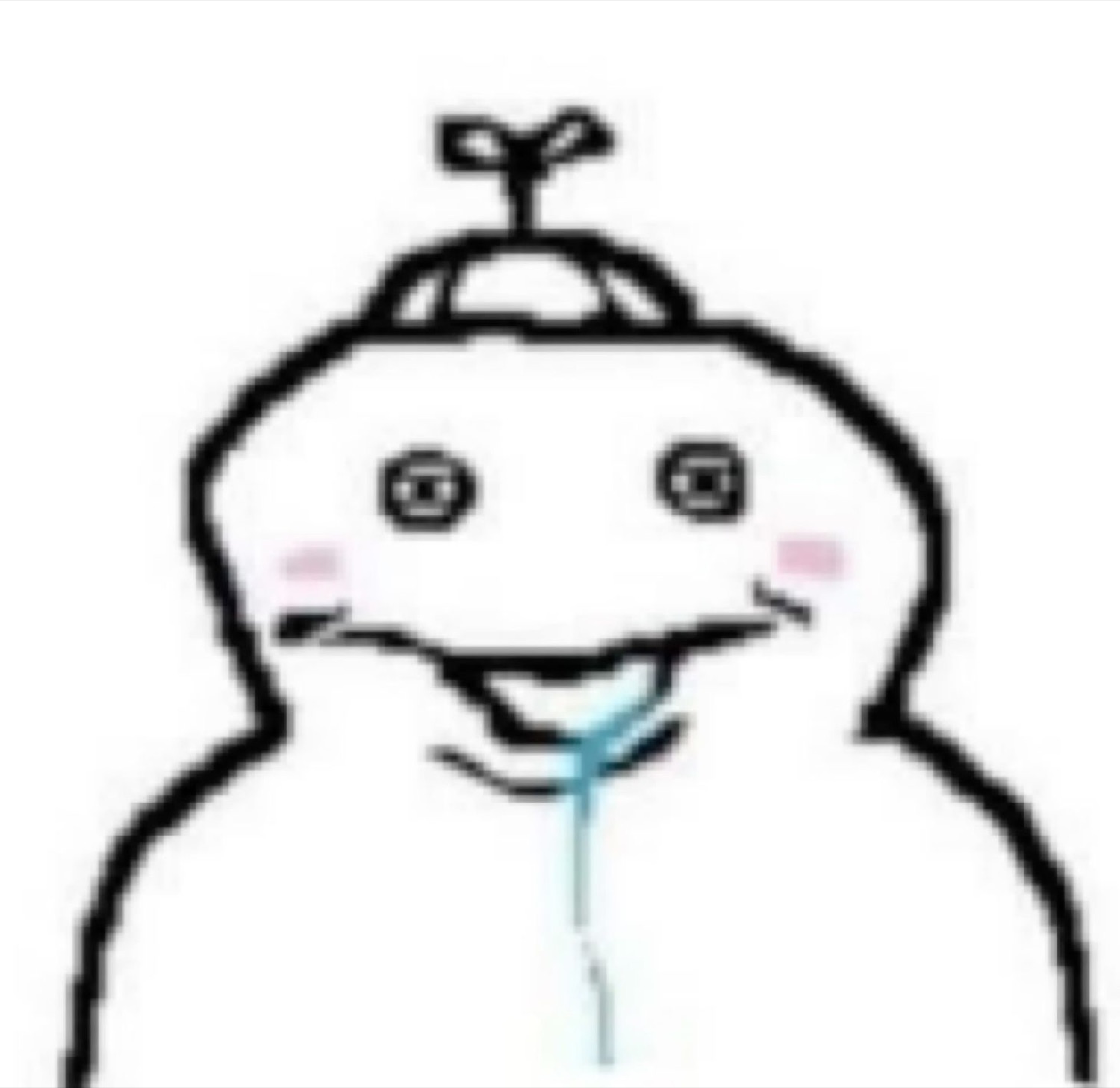 Crude cartoon face grinning blankly with a line of drool running down