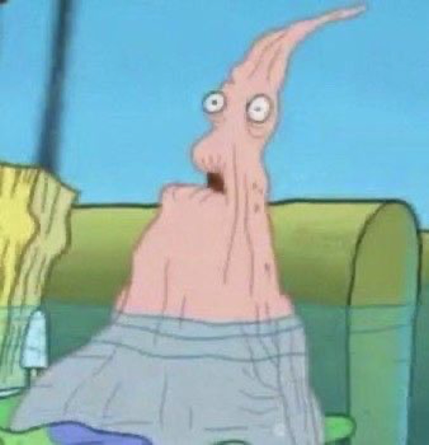 Stretched-out cartoon character on a couch with a horrified open mouth