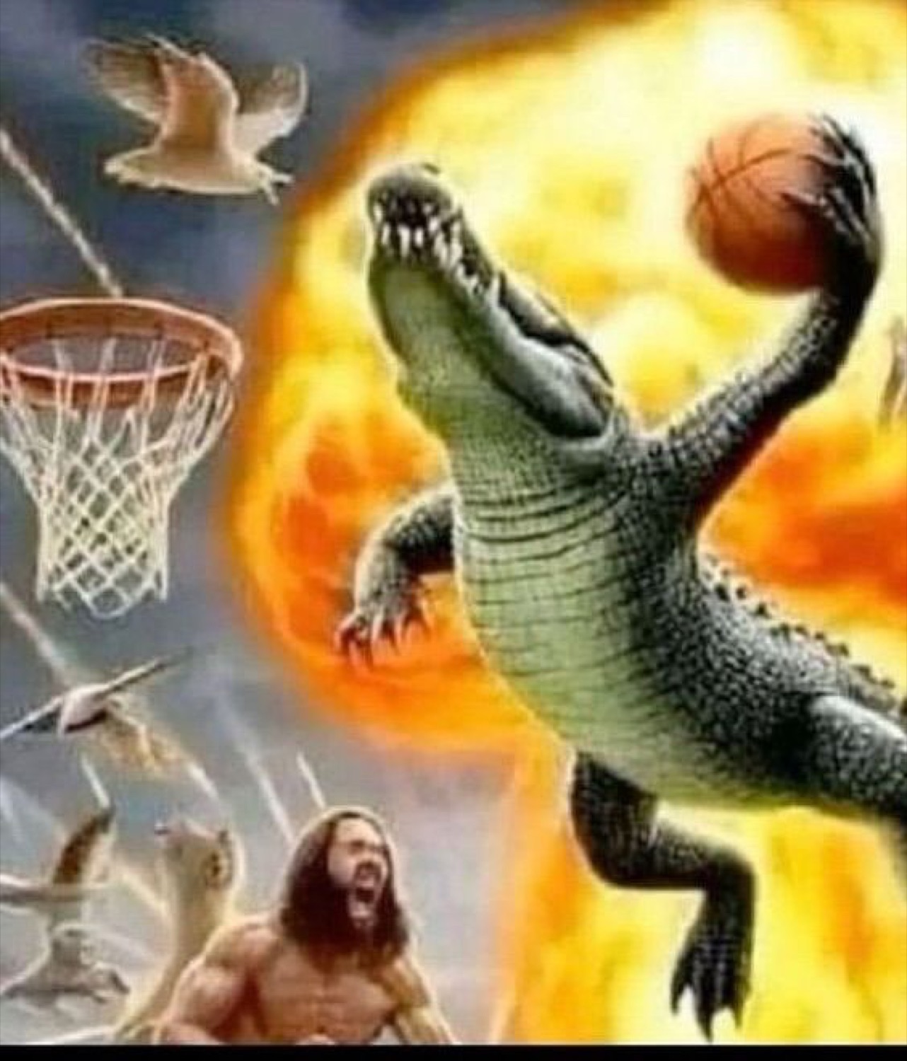Crocodile slam-dunking a basketball through fire while a shirtless man screams below