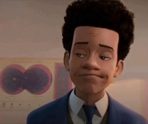 Miles Morales with an awkward forced smile