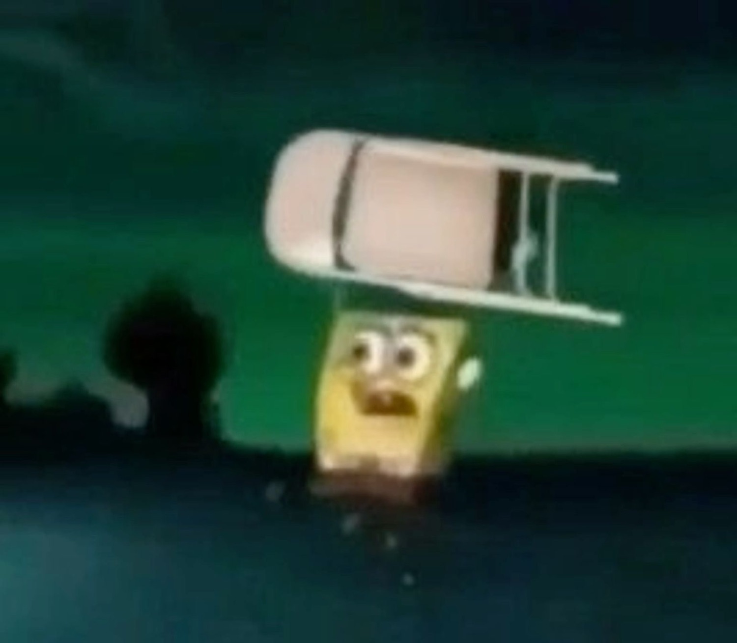 SpongeBob getting launched into the air by a chair in a dark scene