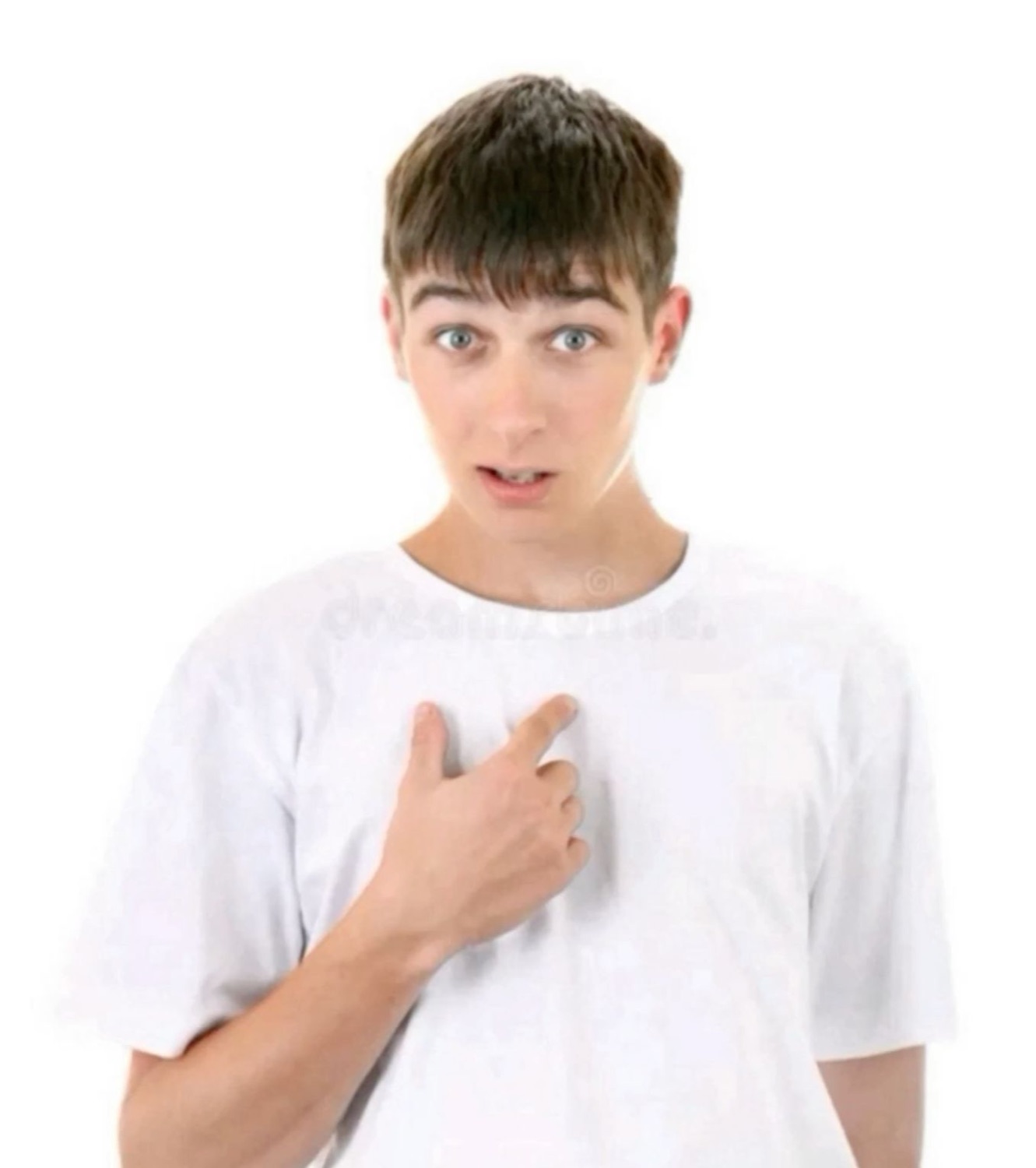 Stock-photo teen pointing at his own chest with a stunned 'who, me?' face