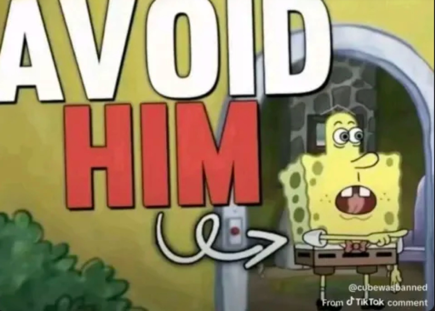 SpongeBob looking alarmed with a big caption 'AVOID HIM' and an arrow pointing at him