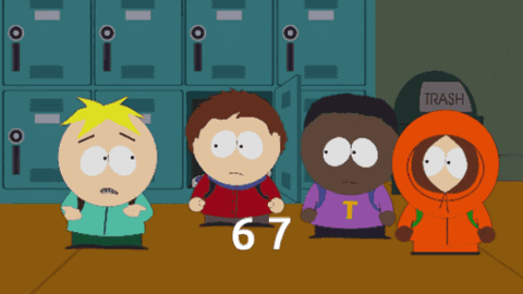 South Park kids Butters, Clyde, Token and Kenny standing at school lockers with 67 on the floor, doing the six seven meme