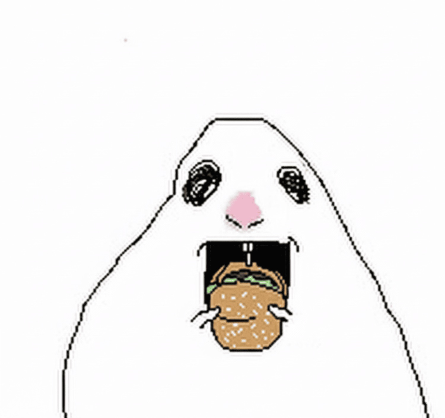 Minimalist blob creature screaming wide open with a tiny burger on its tongue
