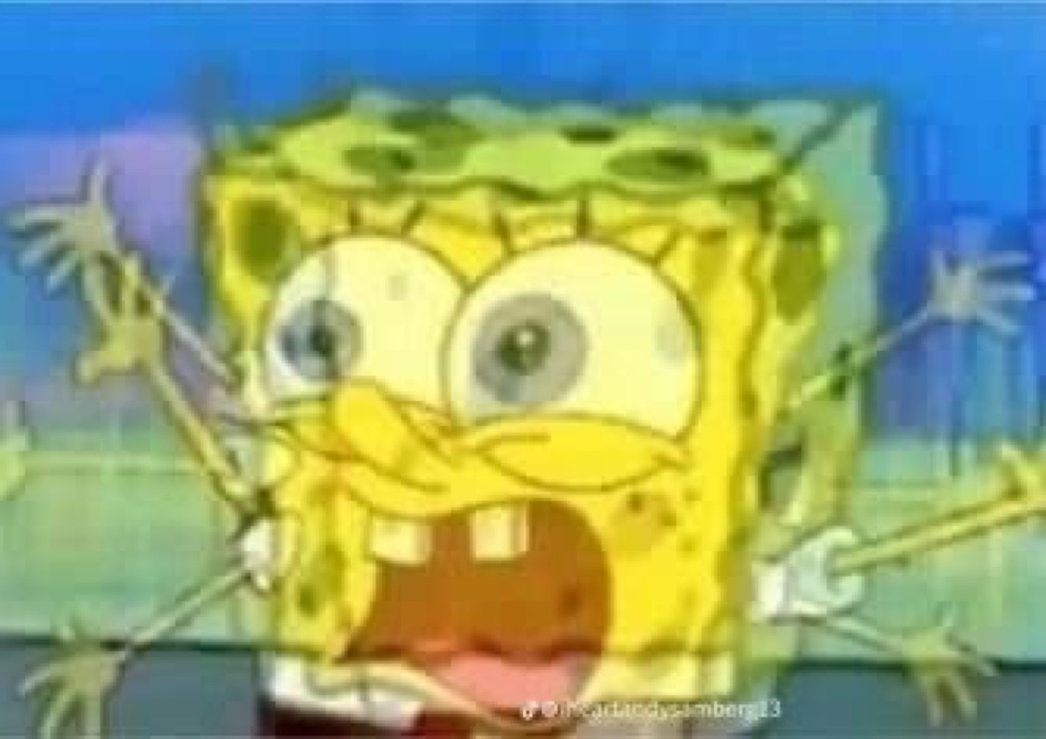 Grainy SpongeBob flailing his arms with a wide panicked open mouth