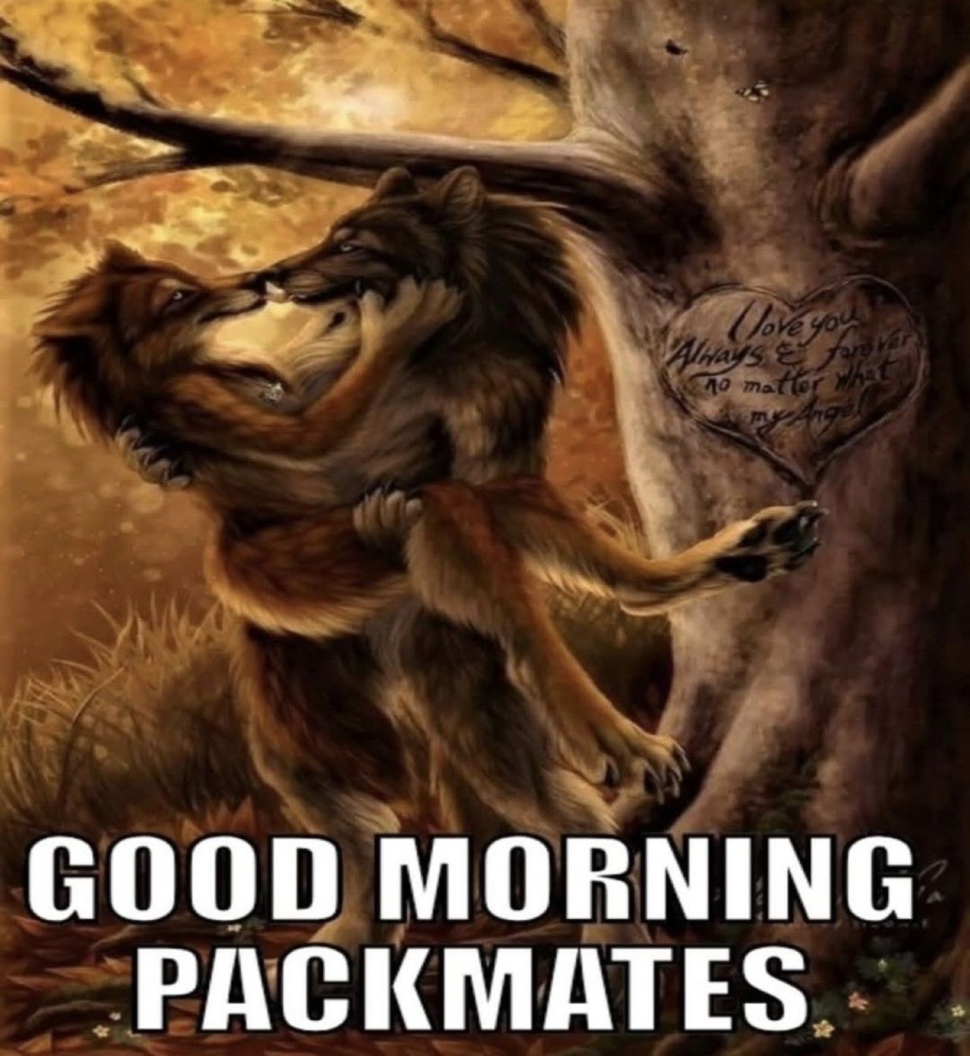 Fantasy wolf art: 'GOOD MORNING PACKMATES'