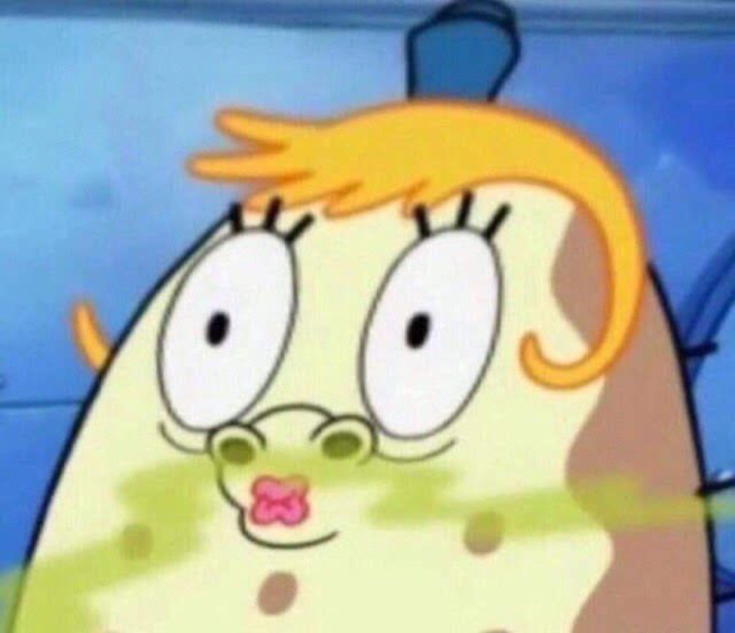 SpongeBob fish character with big startled eyes and a tiny gaping mouth expression